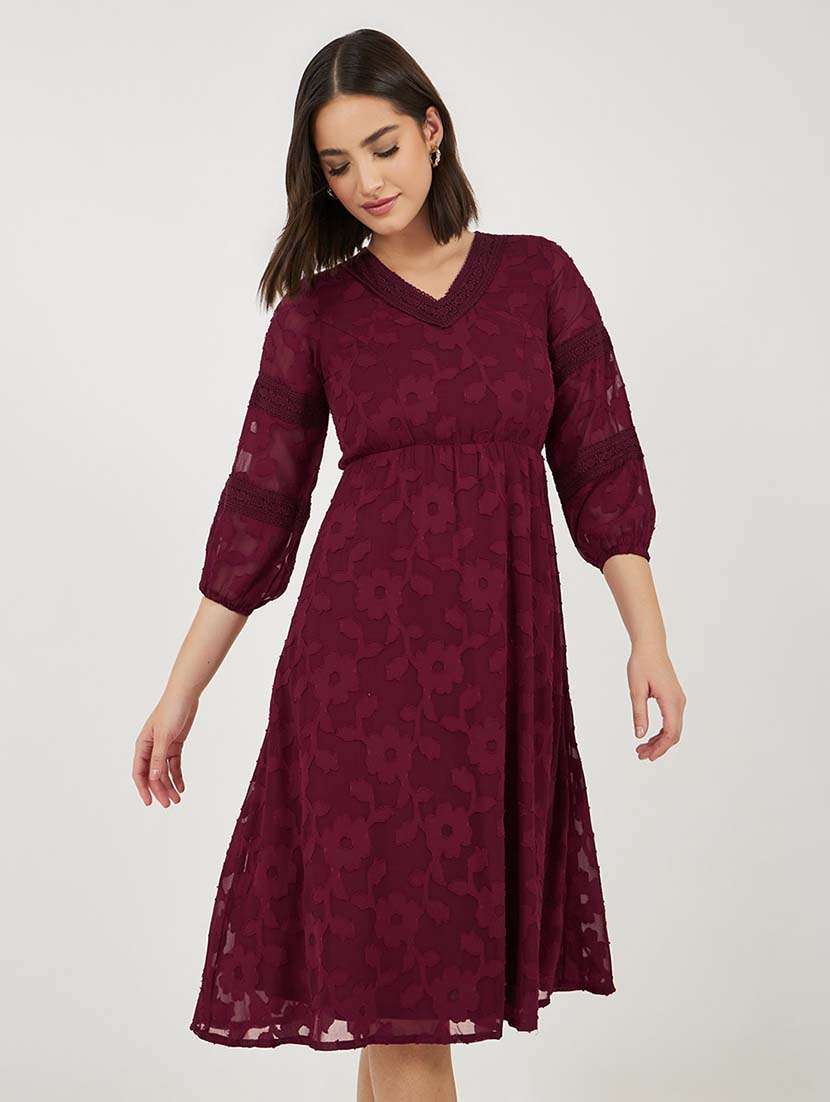 women slef designed puff sleeves a-line dress - 21692556 - Standard Image - 4