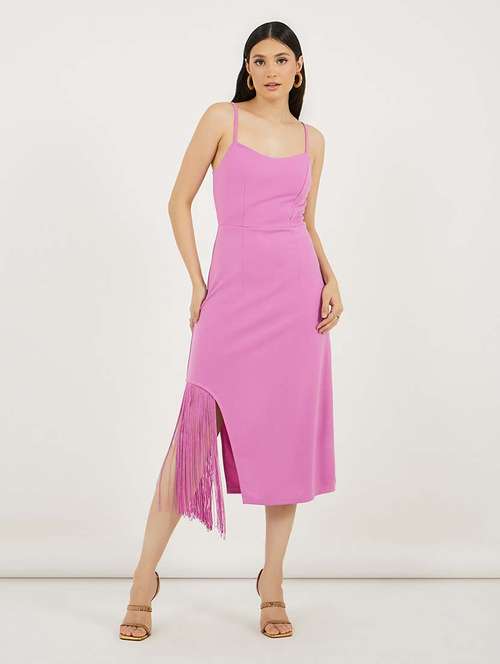 women solid shoulder strap fringe detailed a-line dress - 21692562 -  Standard Image - 0