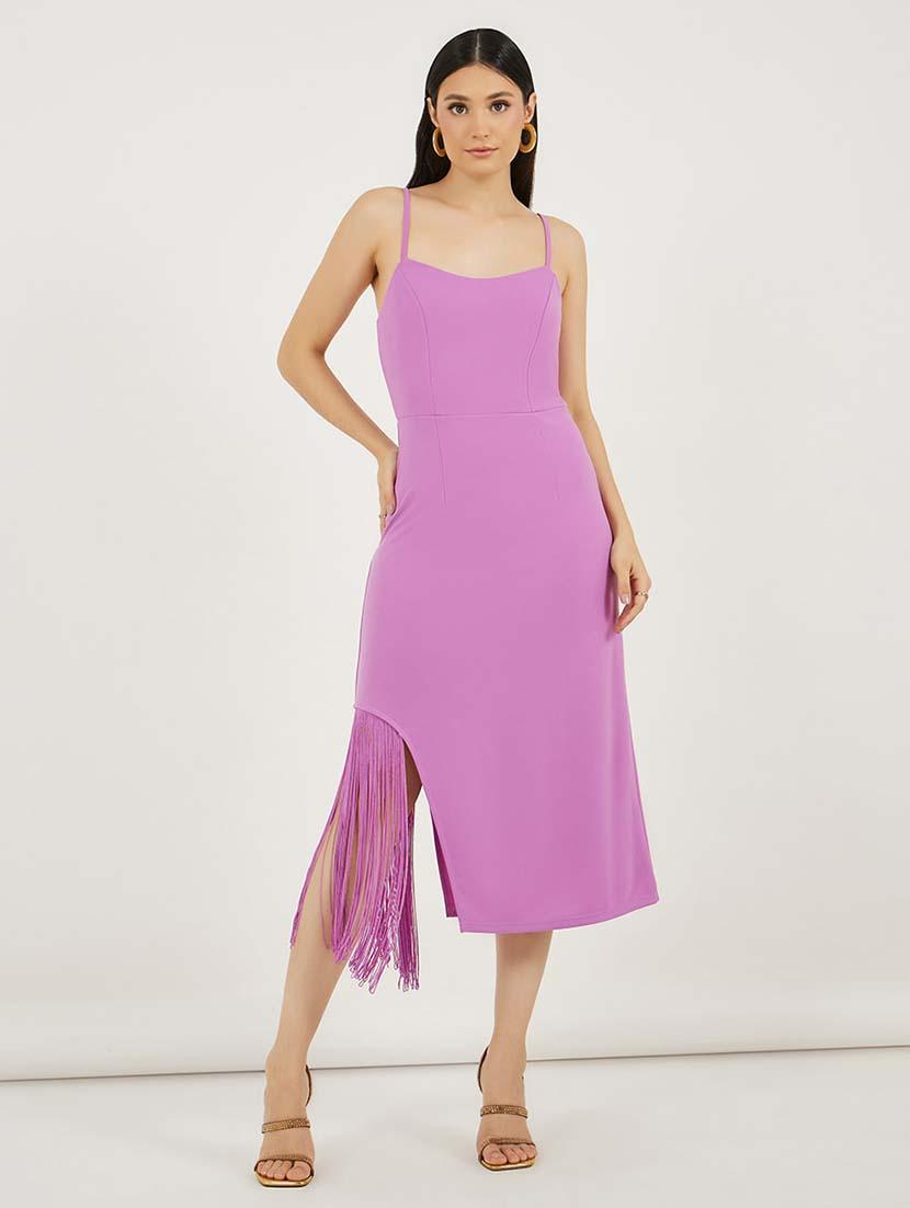 women solid shoulder strap fringe detailed a-line dress - 21692562 - Standard Image - 1