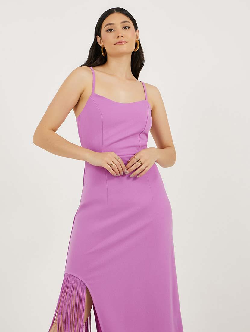 women solid shoulder strap fringe detailed a-line dress - 21692562 - Standard Image - 4