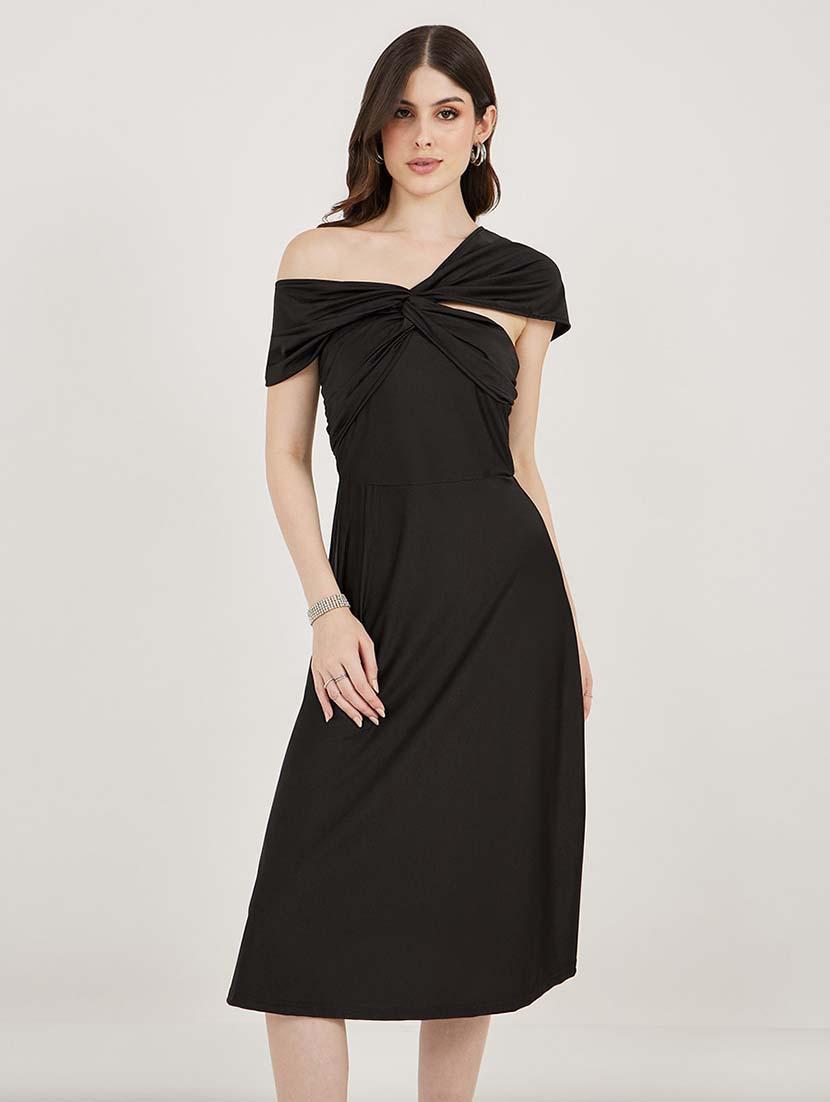 women solid asymmetric neck a-line dress - 21692563 - Standard Image - 4