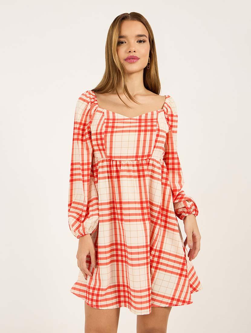 women checkered puff sleeves fit & flare dress - 21692568 - Standard Image - 4
