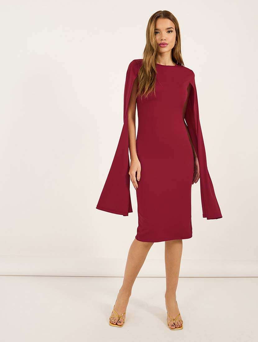 women solid cape sleeves bodycon dress