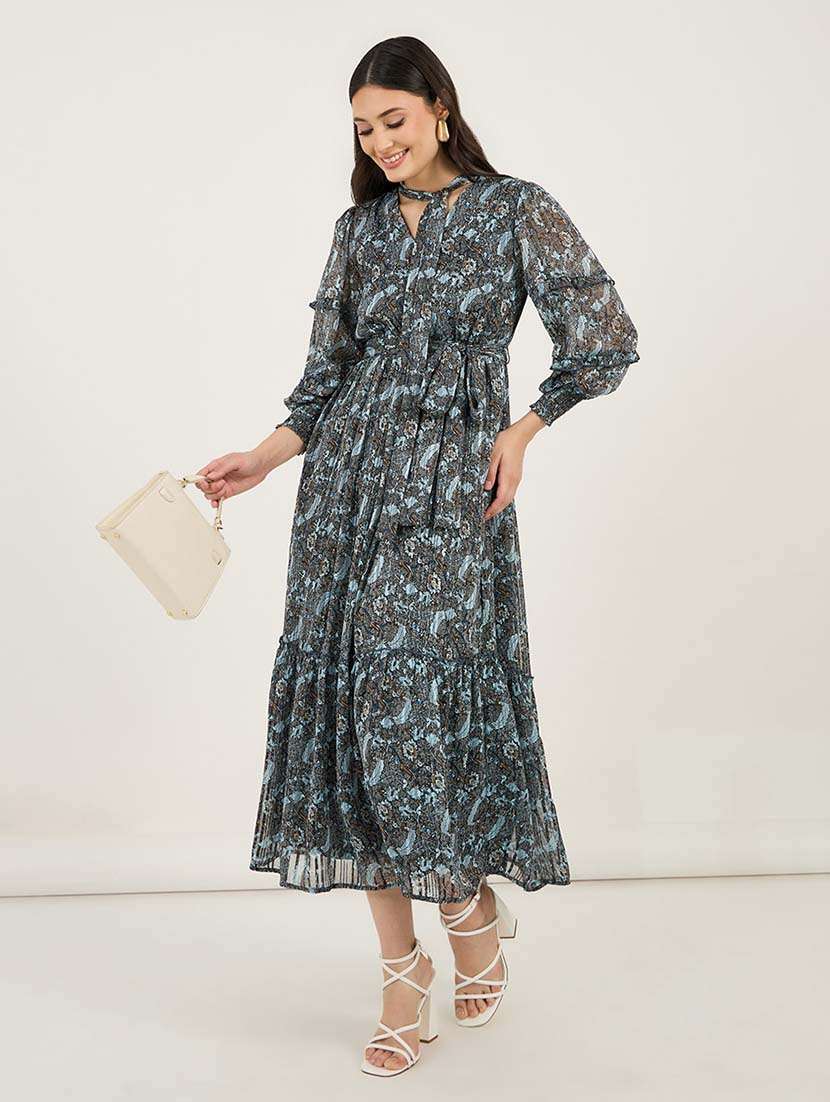 women printed puff sleeves tiered dress - 21692582 -  Standard Image - 1