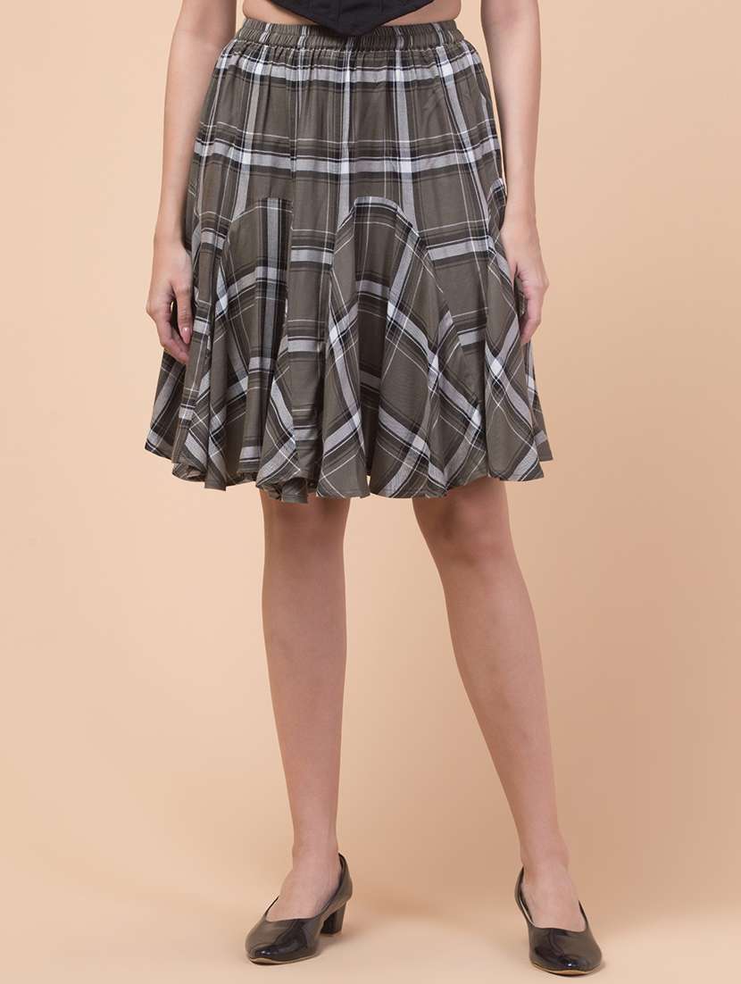 women checkered abobe knee flared skirt