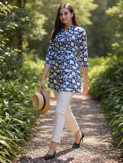 women floral printed mandarin neck tunic - 21692644 -  Standard Image - 0
