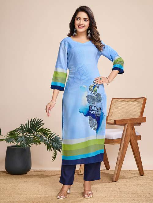 women light blue printed kurta pant set