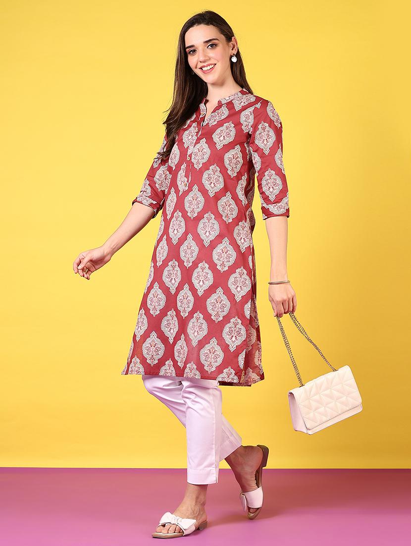 women mandarin neck printed straight kurta - 21692741 - Standard Image - 4