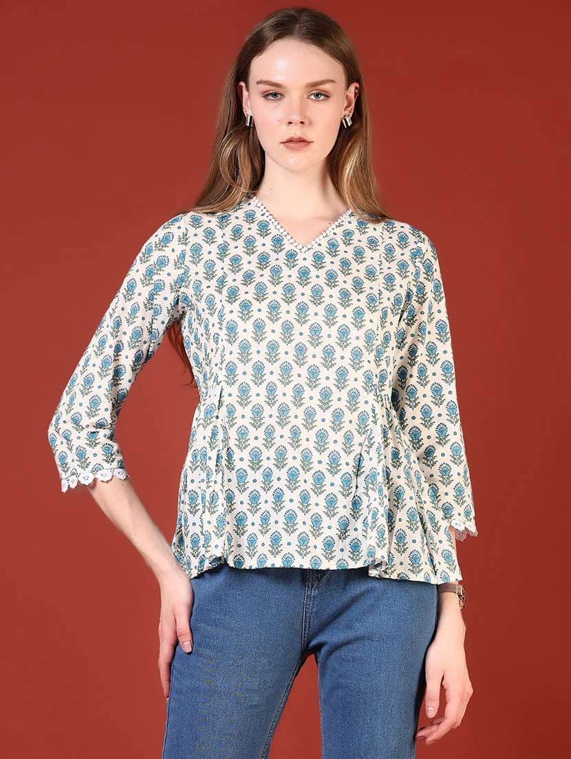women printed three quarter sleeve a-line top