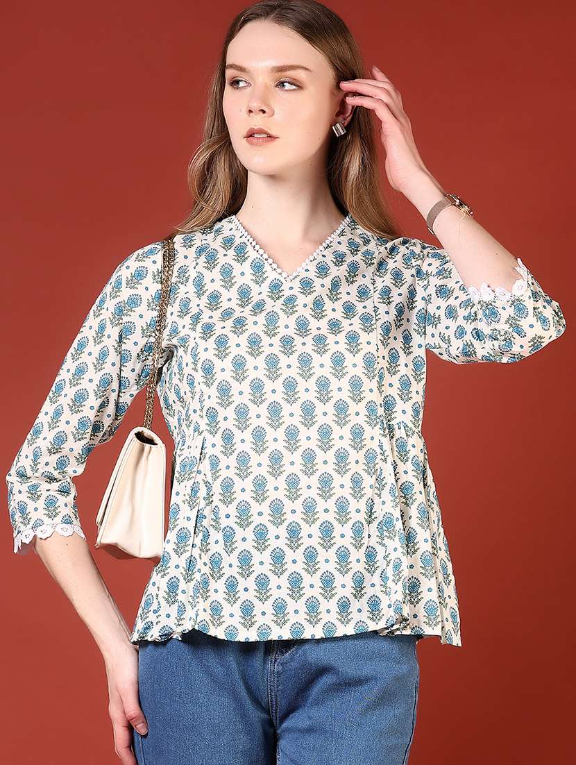 women printed three quarter sleeve a-line top - 21692765 -  Standard Image - 1