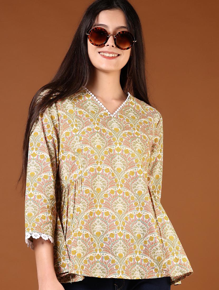 women yellow printed three quarter sleeve a-line top - 21692766 - Standard Image - 1
