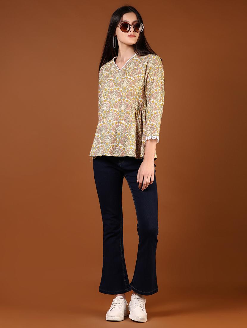 women yellow printed three quarter sleeve a-line top - 21692766 - Standard Image - 4
