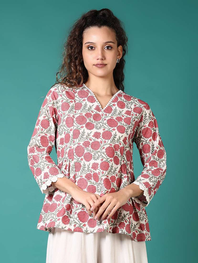 women floral printed v neck a-line kurti