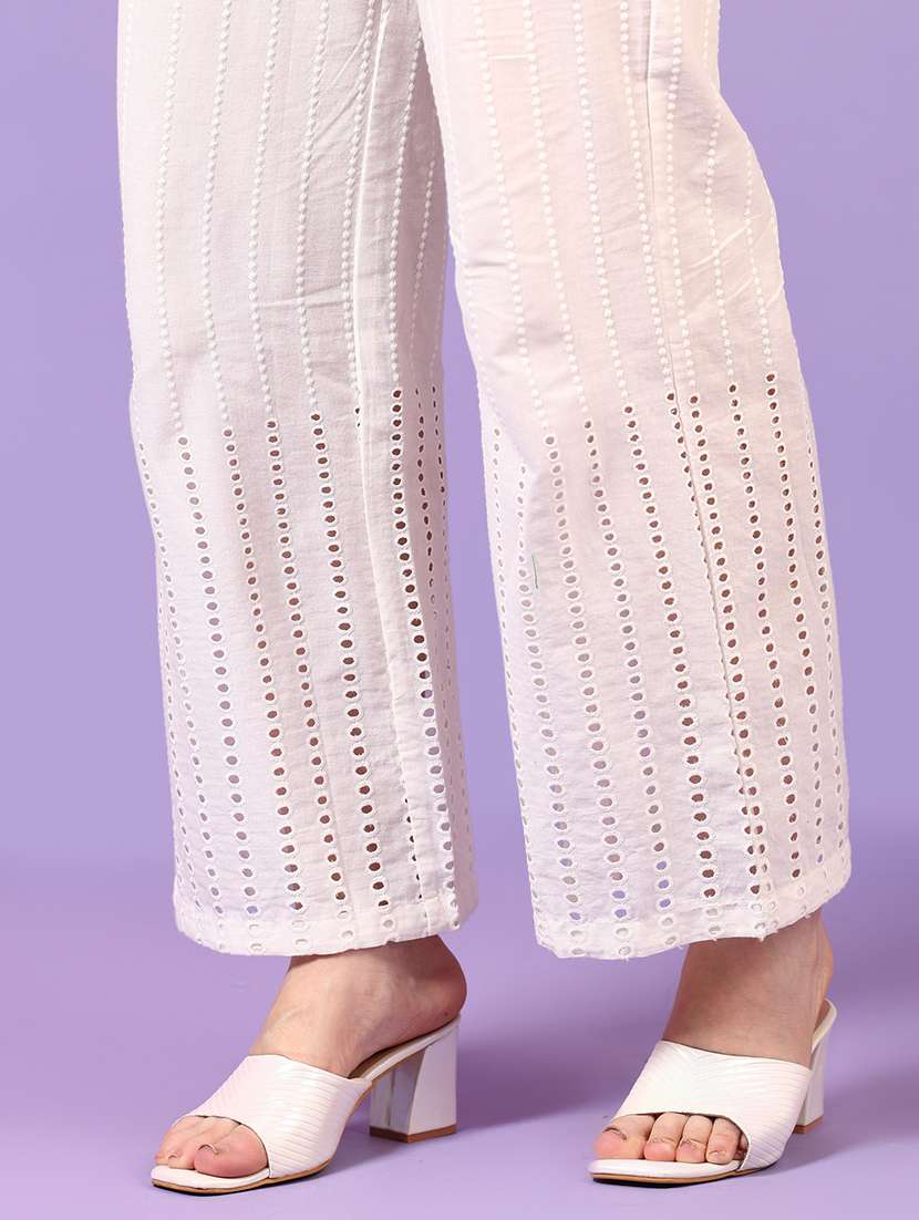 women off white embroidered straight palazzo - 21692770 -  Standard Image - 4