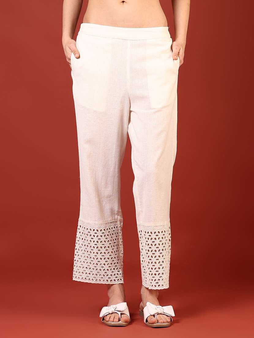 women solid lace hem straight pants