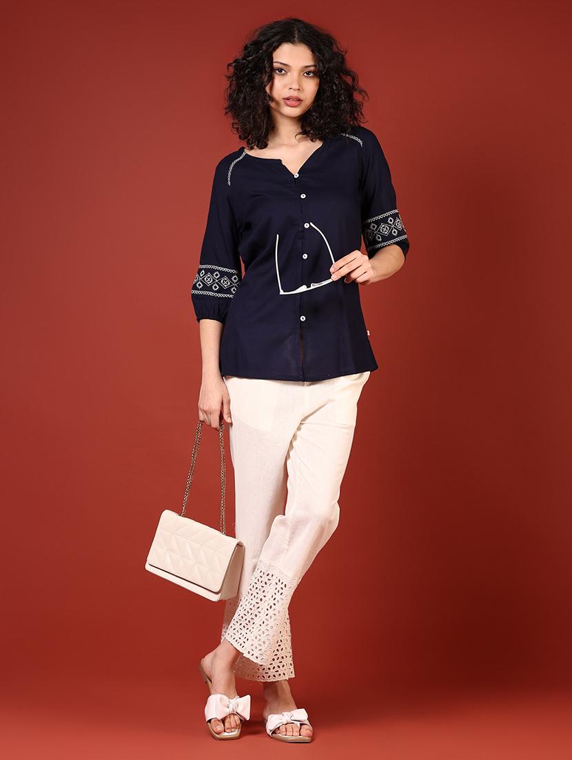 women solid lace hem straight pants - 21692772 - Standard Image - 4