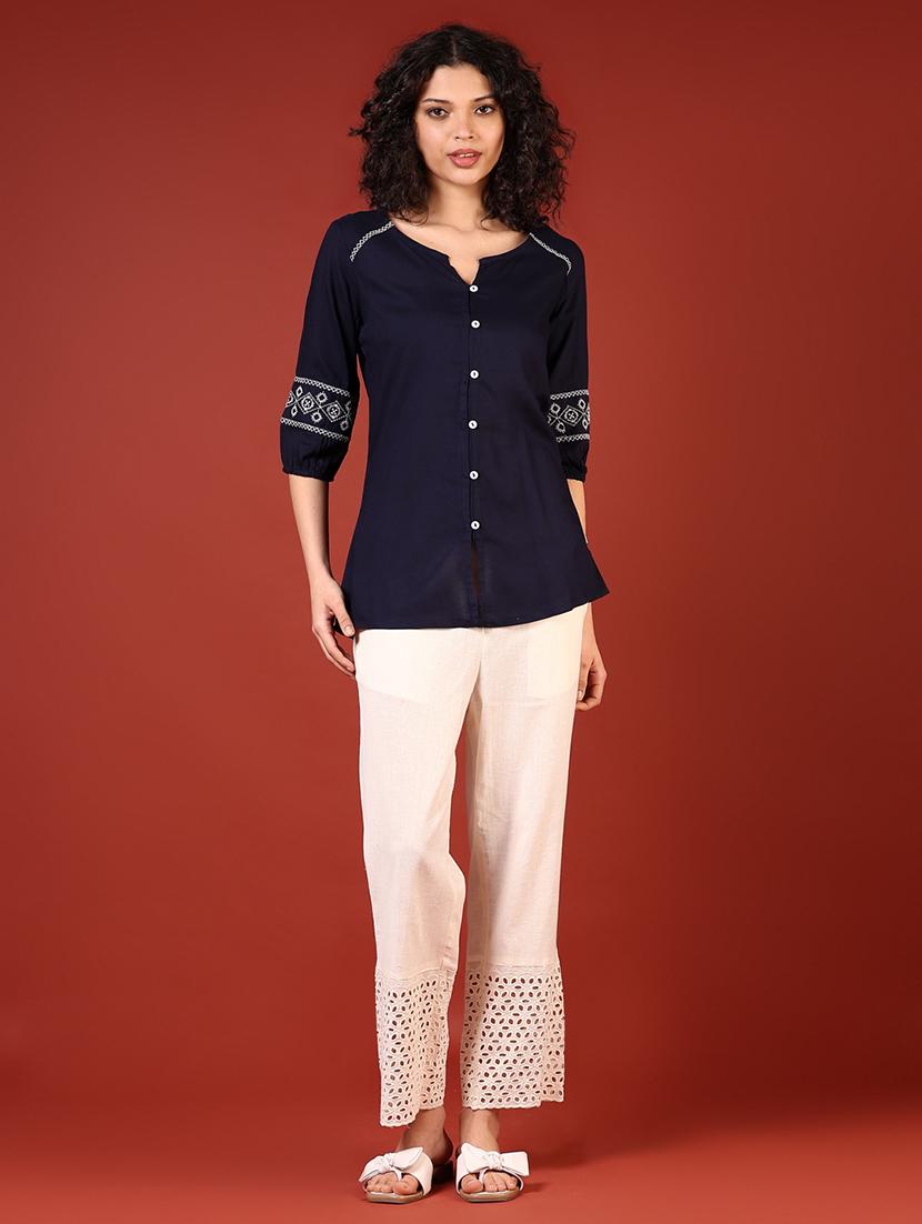 women solid lace hem straight pants - 21692772 - Standard Image - 6