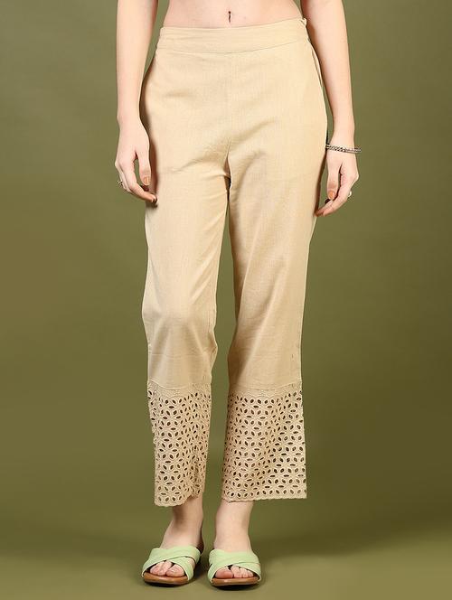 women solid lace hem straight pant - 21692773 - Standard Image - 0