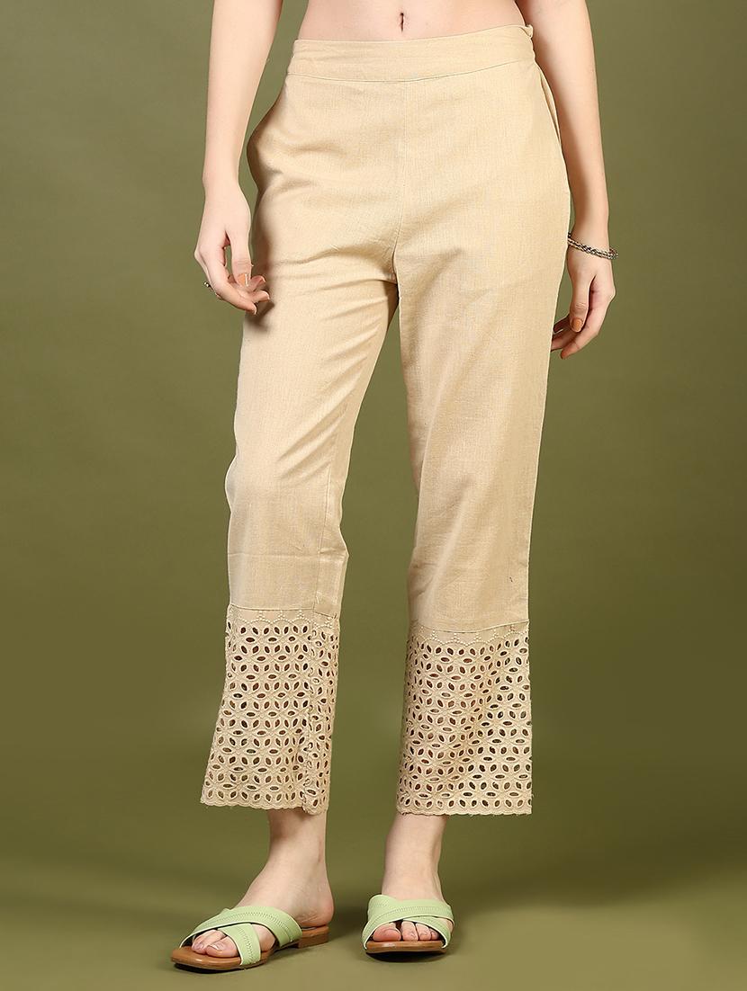 women solid lace hem straight pant - 21692773 -  Standard Image - 1