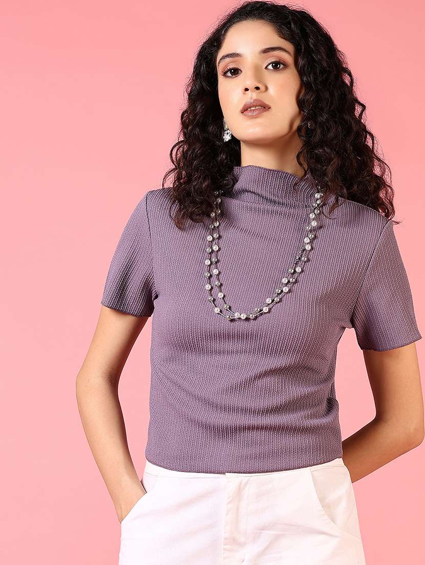 women solid mock neck slim fit top - 21692775 -  Standard Image - 1