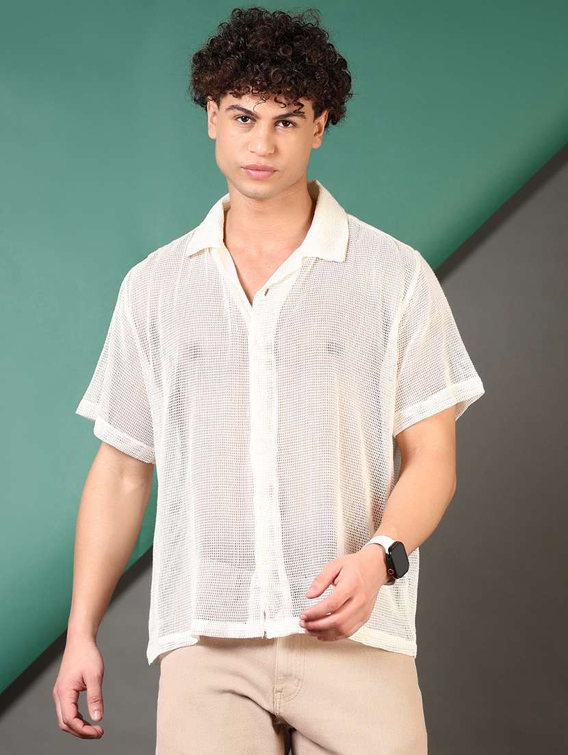 men self design short sleeve regular fit casual shirt