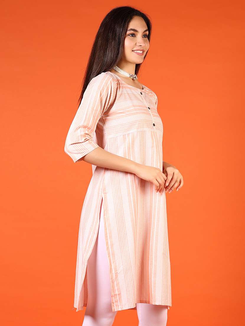 women peach striped three quarter sleeve straight kurta - 21692786 -  Standard Image - 1