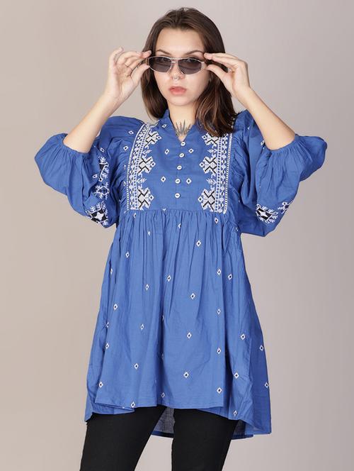 women blue embroidered puff sleeve a-line tunic - 21692789 -  Standard Image - 0