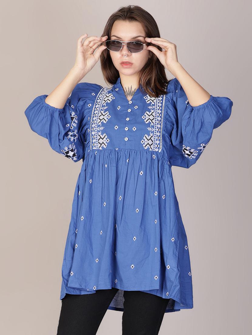 women blue embroidered puff sleeve a-line tunic - 21692789 -  Zoom Image - 0
