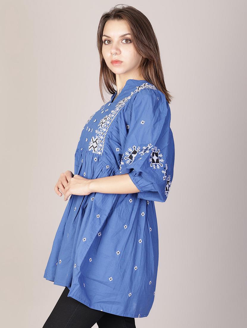 women blue embroidered puff sleeve a-line tunic - 21692789 -  Standard Image - 1