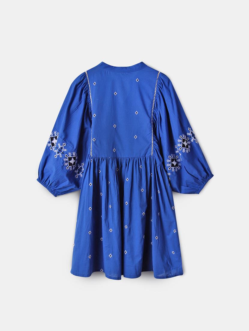 women blue embroidered puff sleeve a-line tunic - 21692789 - Standard Image - 4