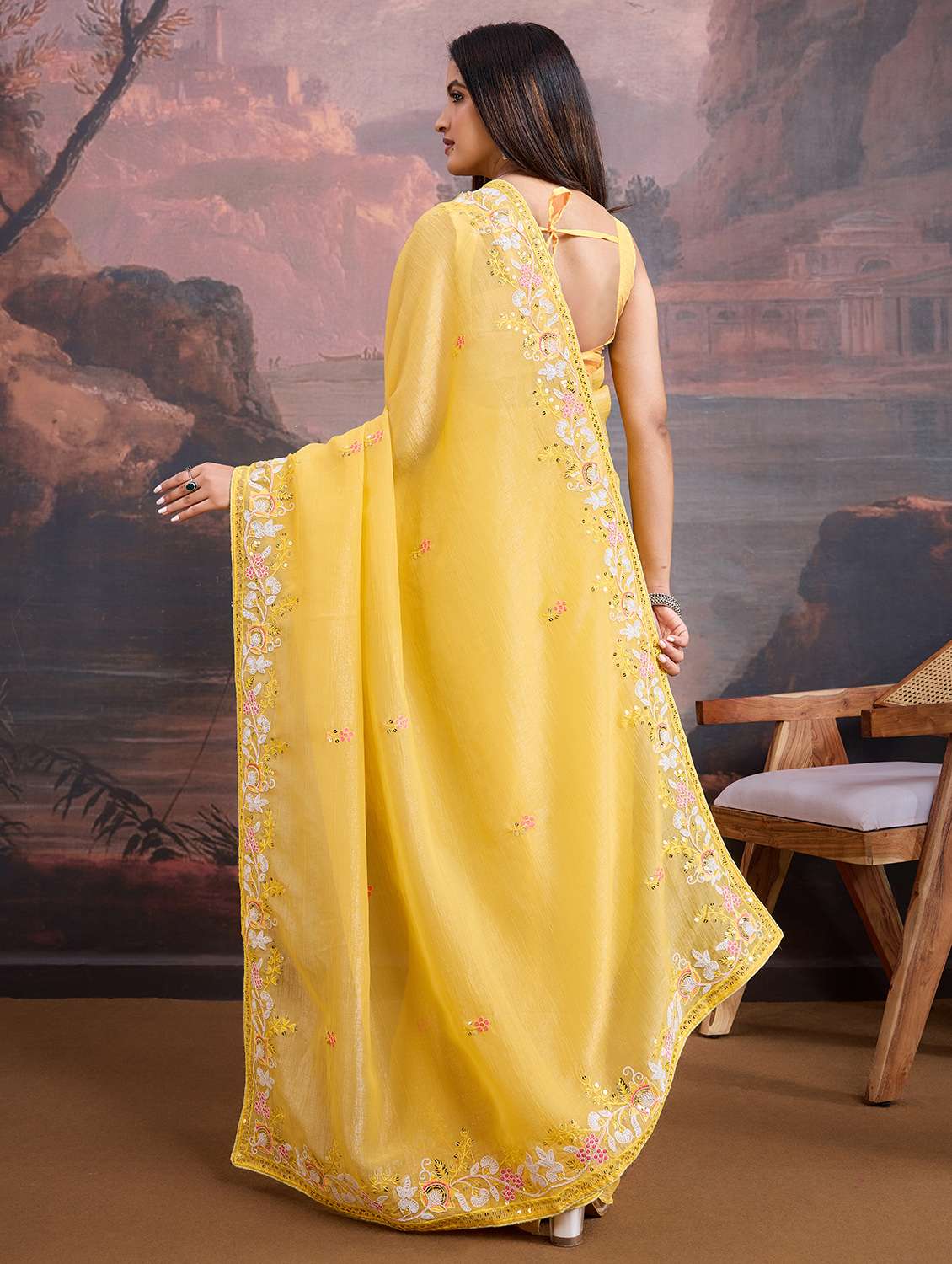 yellow organza embroidered saree with blouse - 21693000 - Standard Image - 1