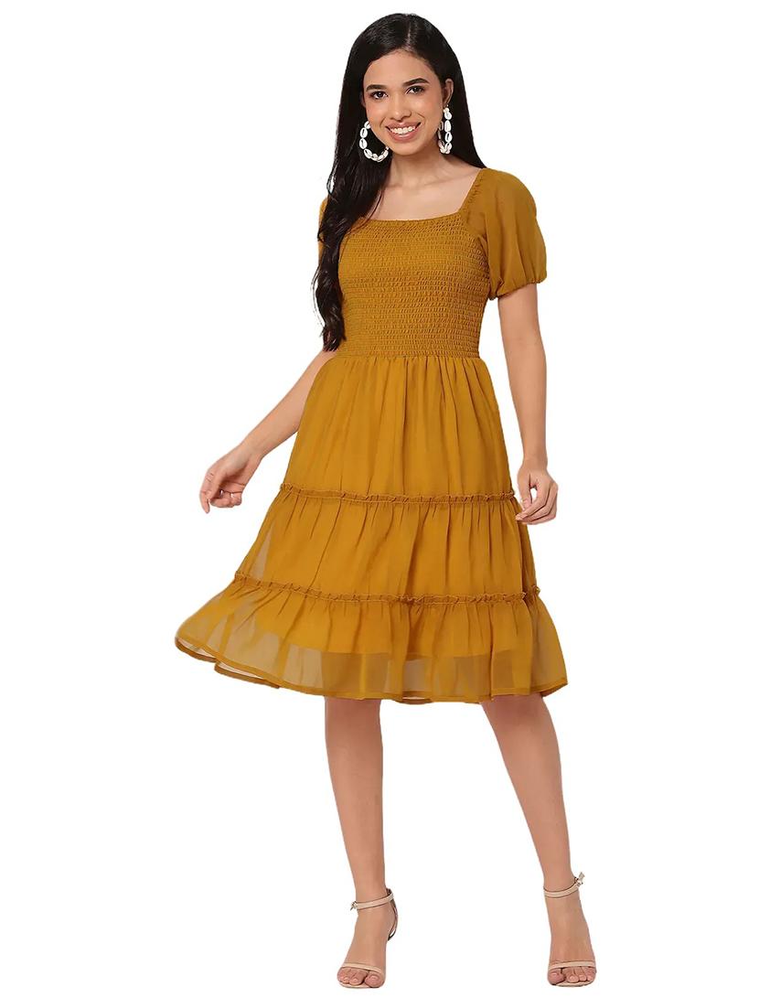 women solid puff sleeves tiered dress - 21693221 - Standard Image - 1