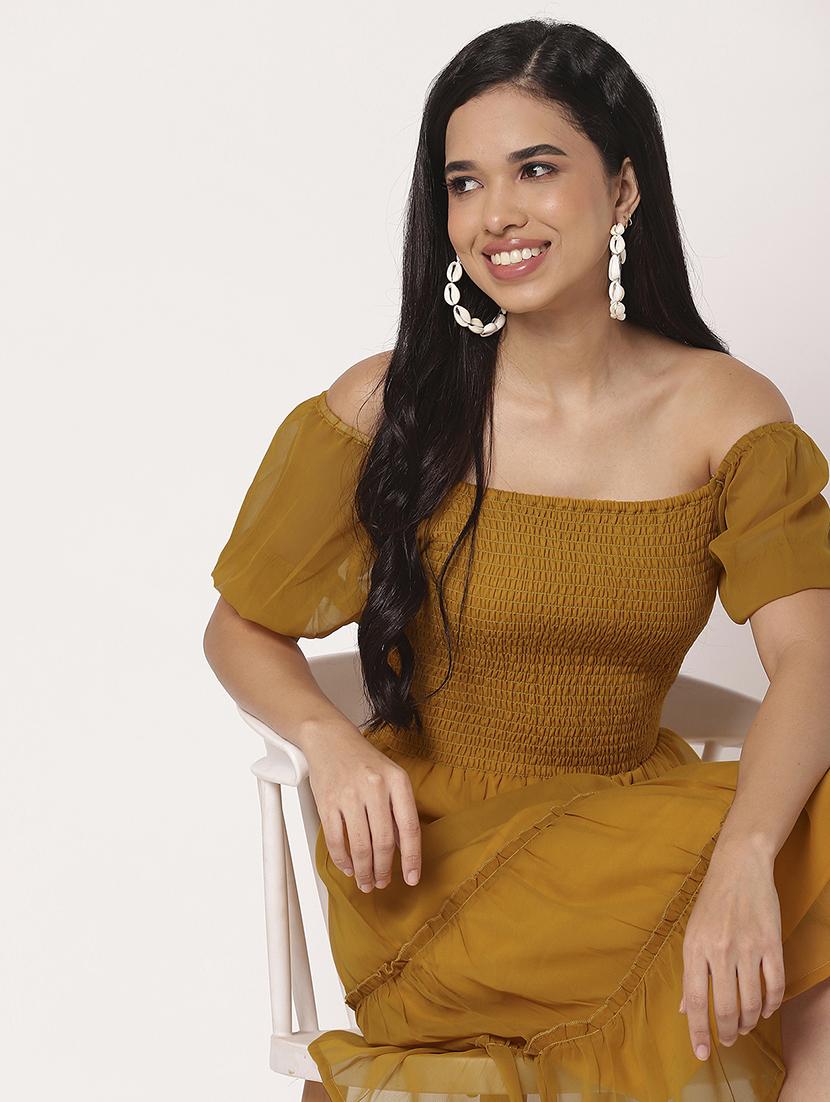 women solid puff sleeves tiered dress - 21693221 - Standard Image - 4