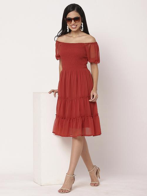 women solid puff sleeves tiered dress - 21693222 - Standard Image - 0
