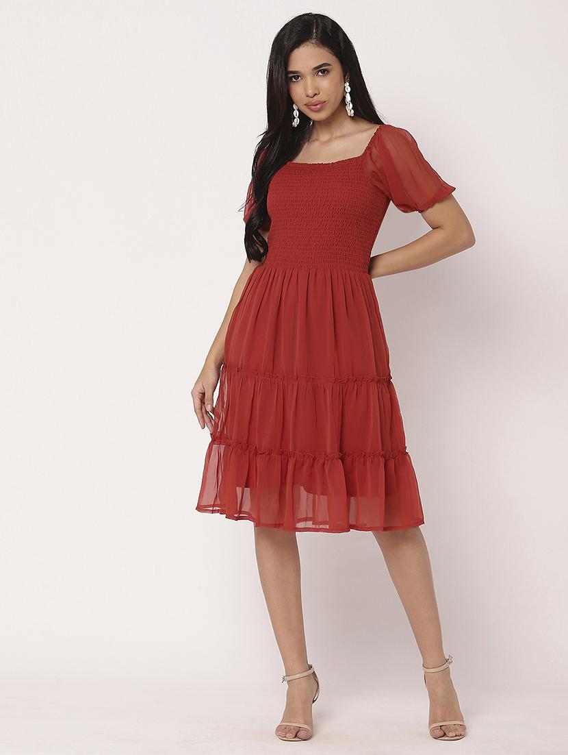 women solid puff sleeves tiered dress - 21693222 -  Standard Image - 1