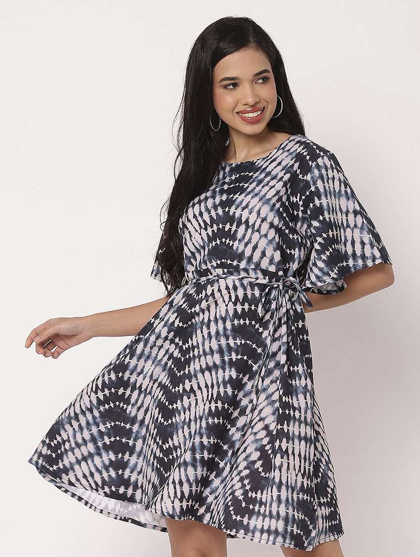 women printed flute sleeves fit & flare dress