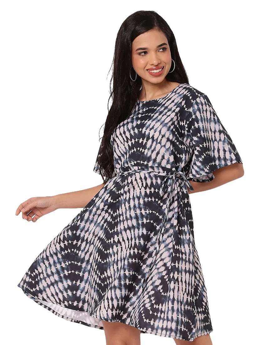 women printed flute sleeves fit & flare dress - 21693226 -  Standard Image - 1