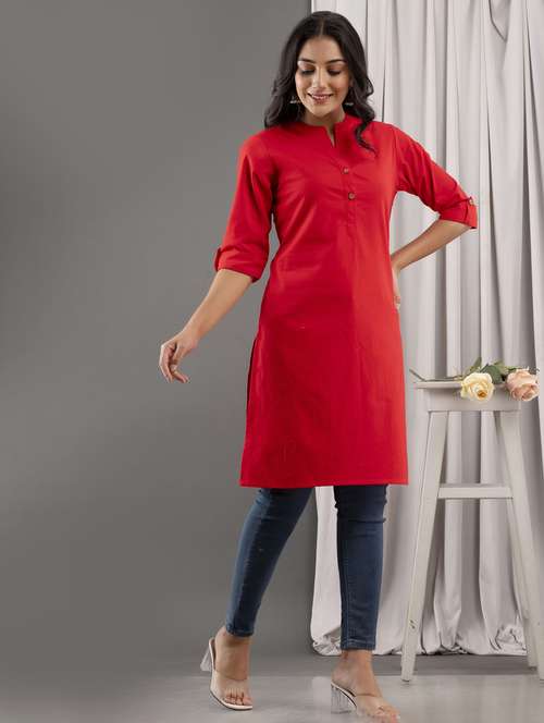 women solid roll up sleeve straight kurta - 21693238 -  Standard Image - 0