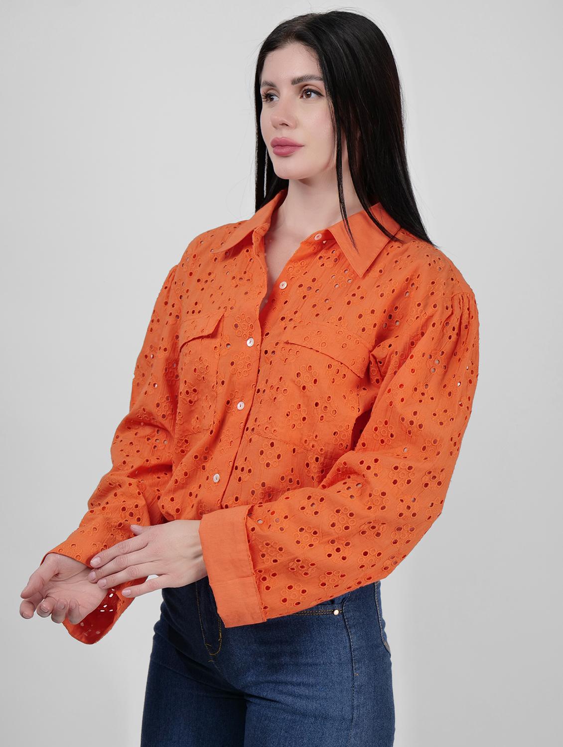 women schiffli detailed collared puff sleeves shirt - 21693251 -  Zoom Image - 0
