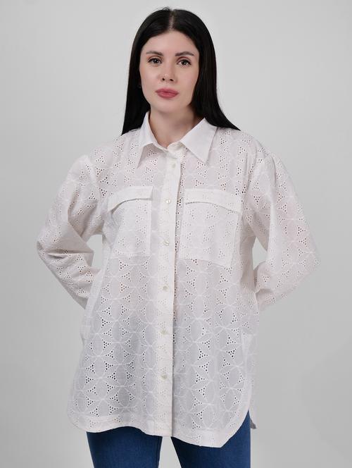 women schiffli detailed collared puff sleeves shirt - 21693252 - Standard Image - 0