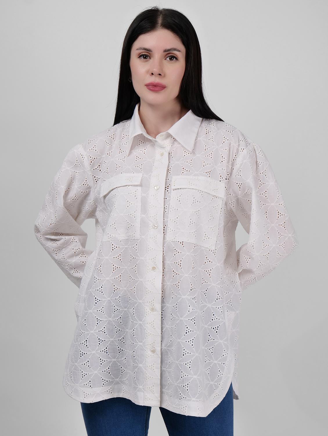 women schiffli detailed collared puff sleeves shirt - 21693252 - Zoom Image - 0