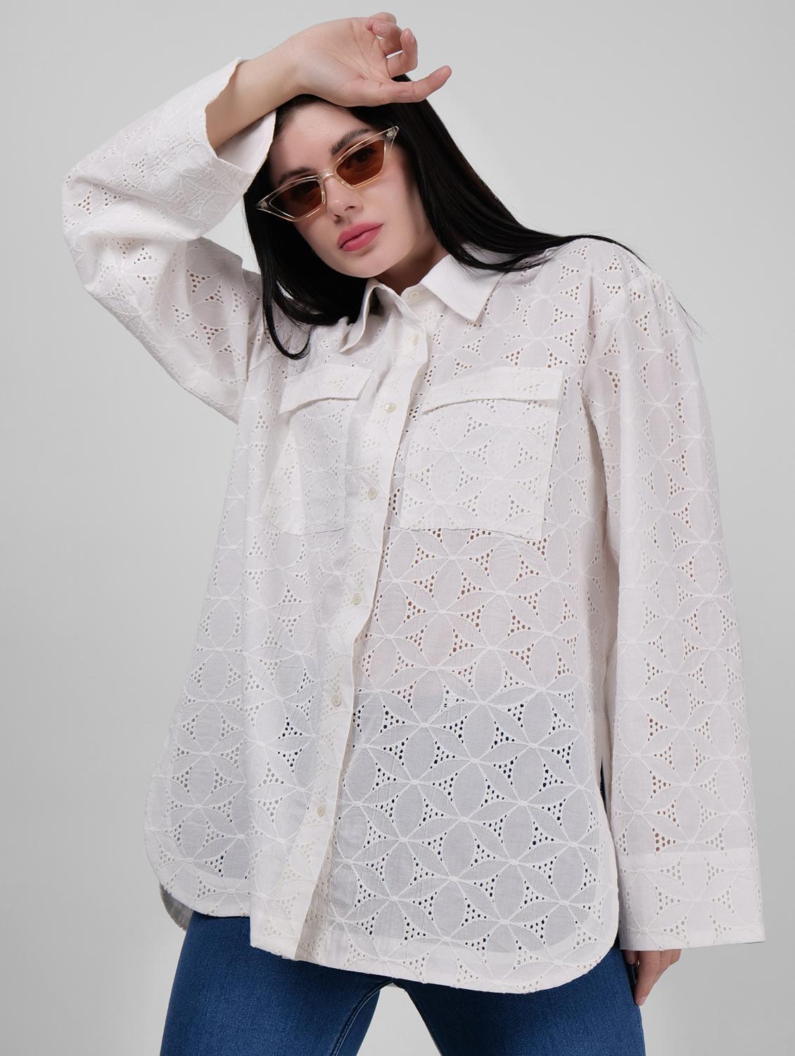 women schiffli detailed collared puff sleeves shirt - 21693252 - Standard Image - 4