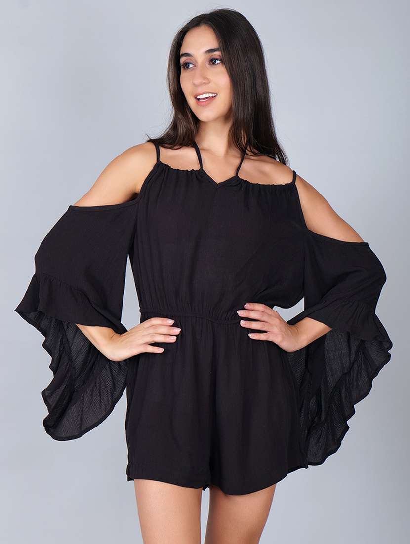 women solid cold shoulder bell sleeves romper