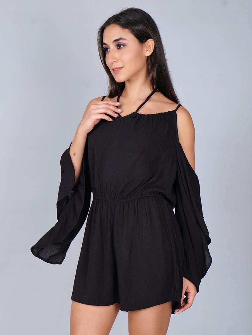 women solid cold shoulder bell sleeves romper - 21693284 -  Standard Image - 1