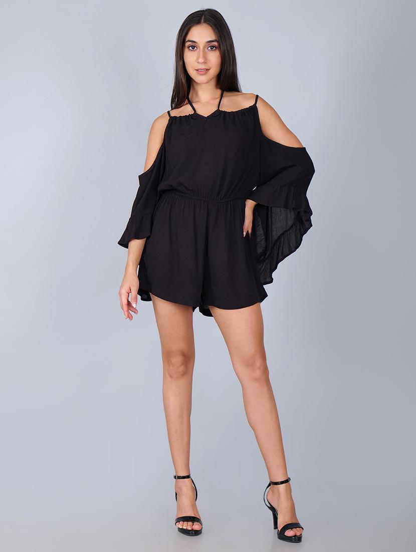 women solid cold shoulder bell sleeves romper - 21693284 - Standard Image - 4