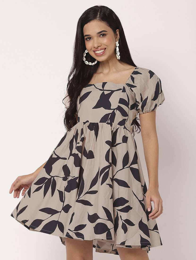 women printed puff sleeves fit & flare dress - 21693290 -  Standard Image - 1