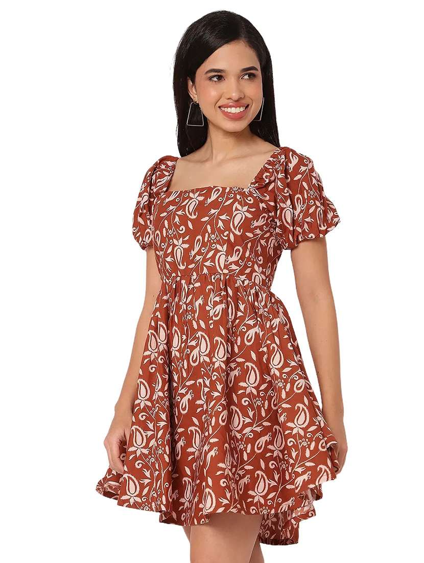 women printed puff sleeves fit & flare dress - 21693291 - Standard Image - 1