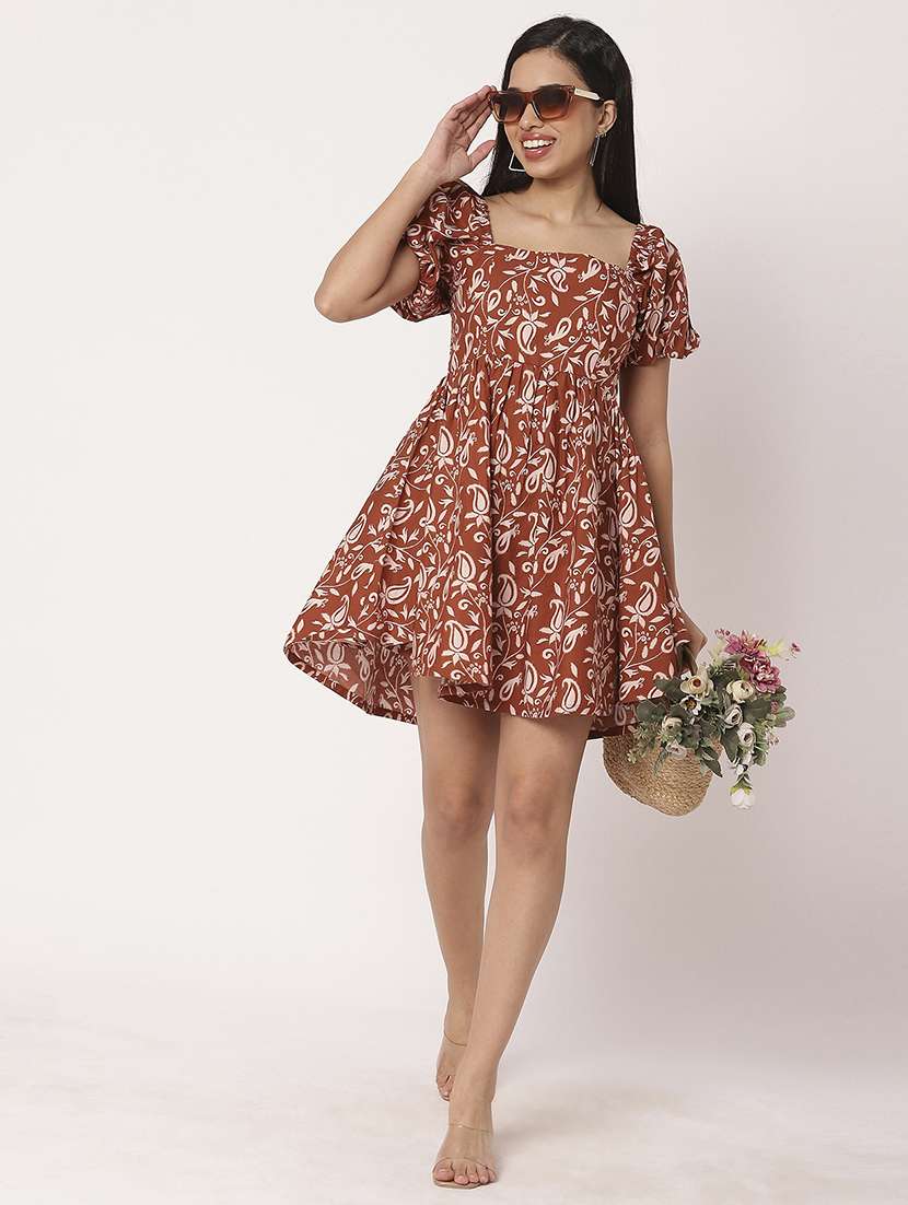 women printed puff sleeves fit & flare dress - 21693291 - Standard Image - 4