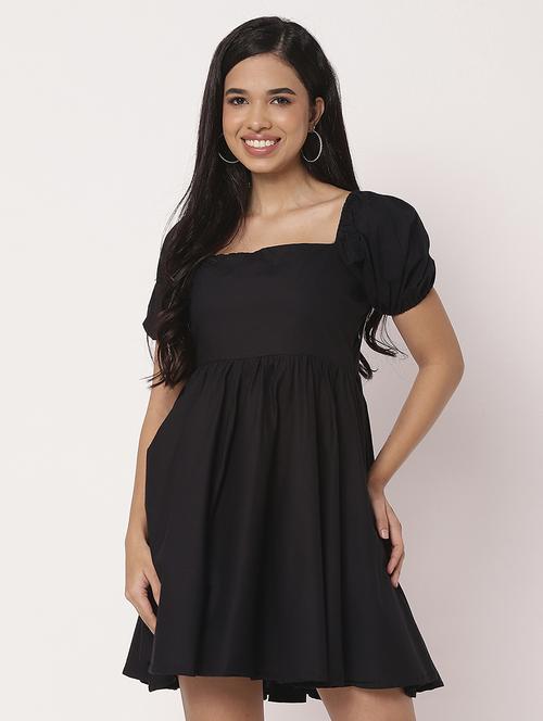 women solid puf sleeves fit & flare dress - 21693292 - Standard Image - 0