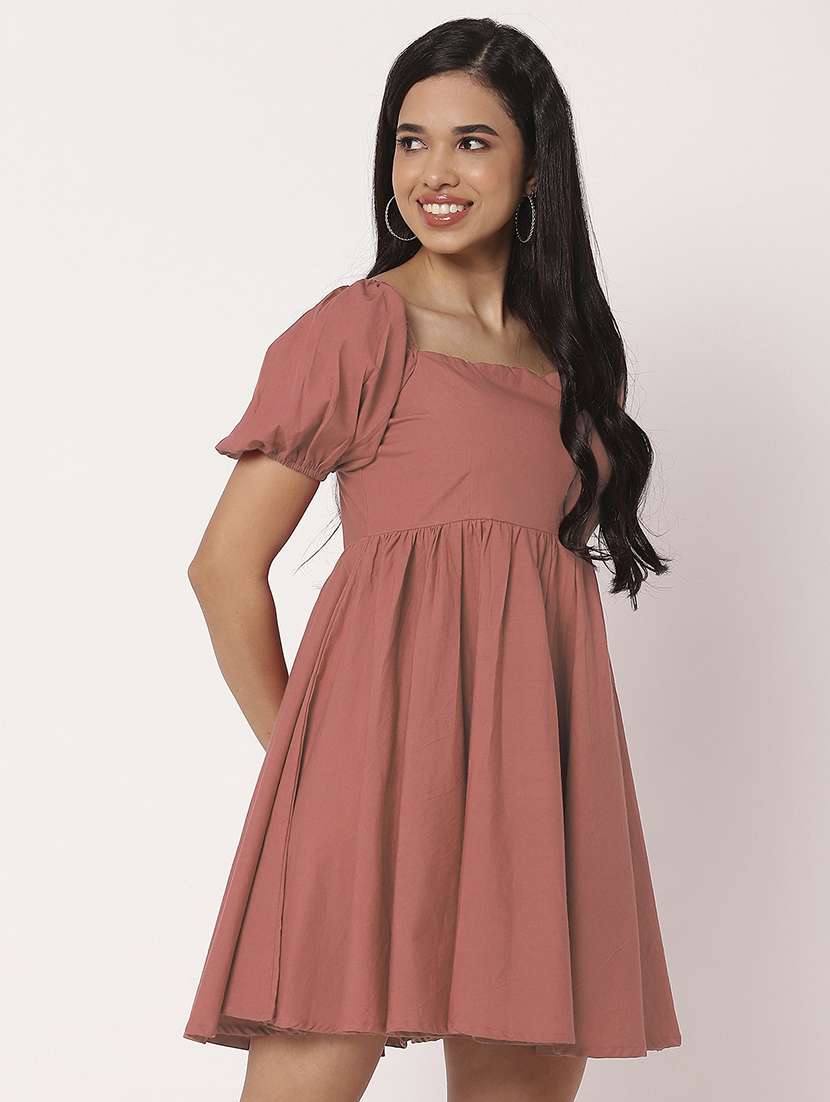 women solid puff sleeves fit & flare dress - 21693293 -  Standard Image - 1